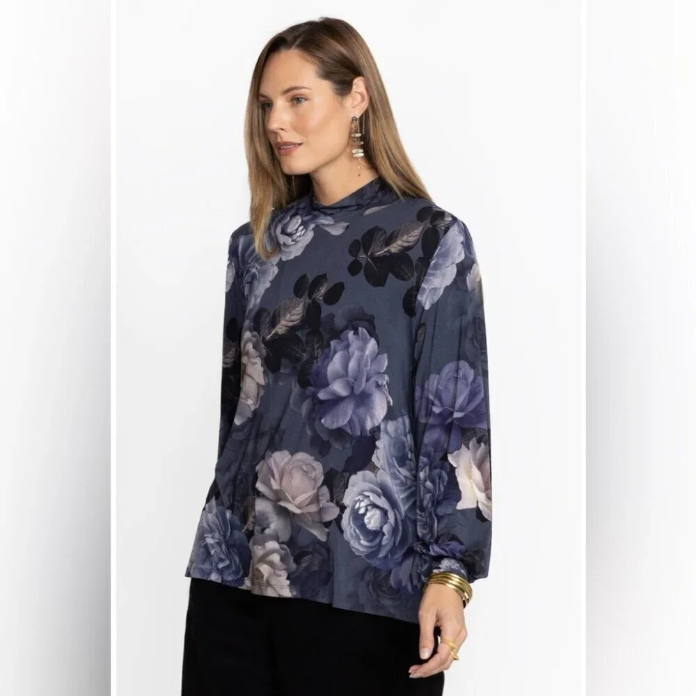 JOHNNY WAS GREY PEONY PUFF SLEEVE MOCK NECK TOP SIZE 3X
